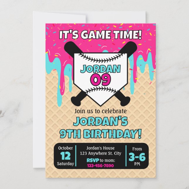 Baseball Ice Cream Drip Birthday Invitation (Front)