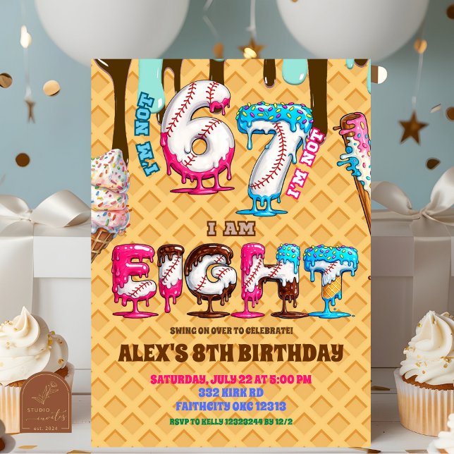 Baseball Ice Cream Drip Six Seven boy 8th Birthday Invitation (Creator Uploaded)