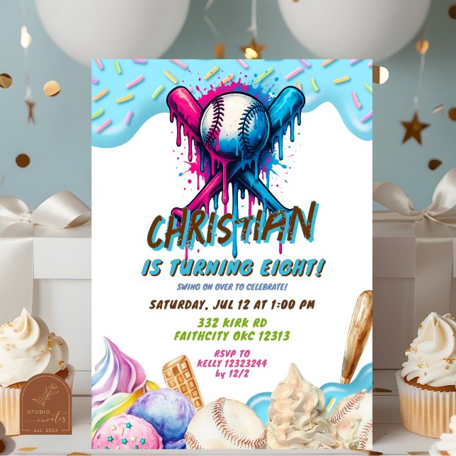 Baseball Ice Cream Drip Teenagers Birthday Party Invitation (Creator Uploaded)