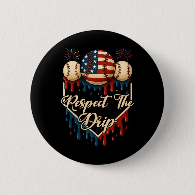 Baseball Ice Cream Dripping 4th Of July Respect Th 2 Inch Round Button (Front)