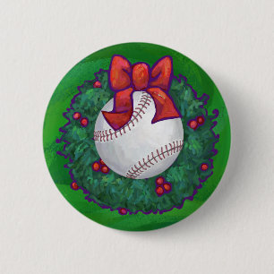 Baseball in Christmas Wreath 2 Inch Round Button