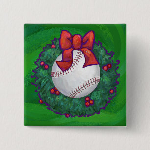 Baseball in Christmas Wreath 2 Inch Square Button