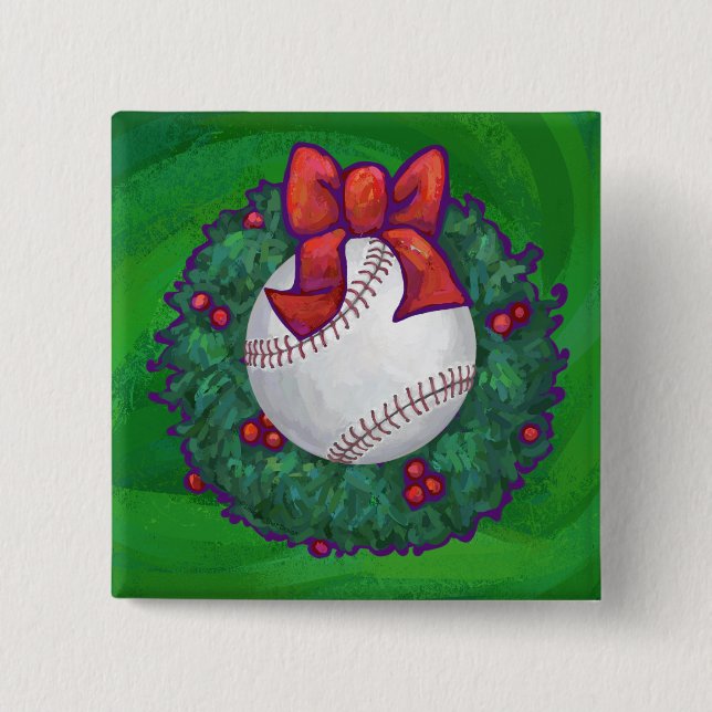 Baseball in Christmas Wreath 2 Inch Square Button (Front)