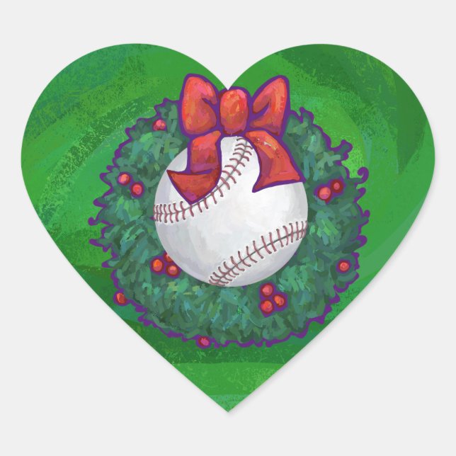 Baseball in Christmas Wreath Heart Sticker (Front)