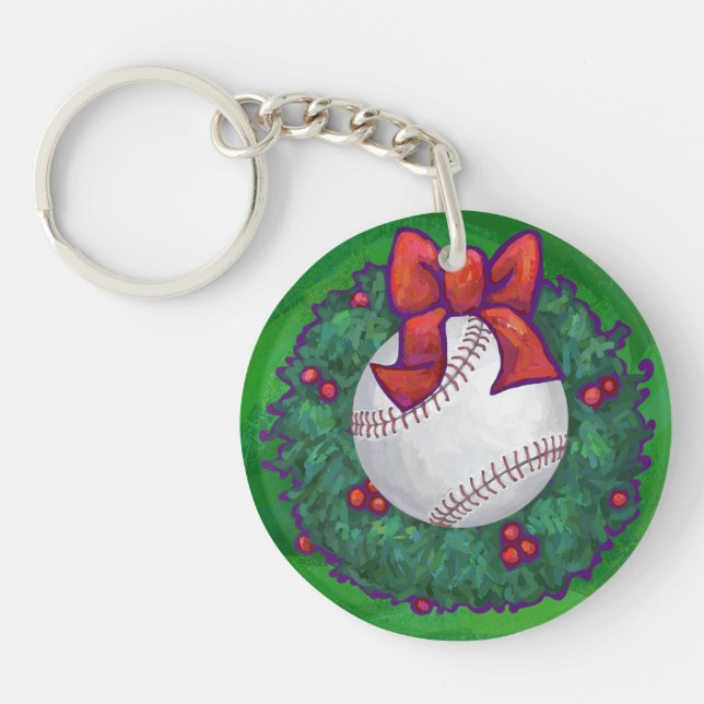 Baseball in Christmas Wreath Keychain (Front)
