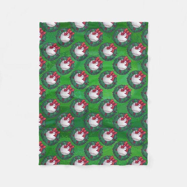 Baseball in Christmas Wreath Pattern Fleece Blanket (Front)