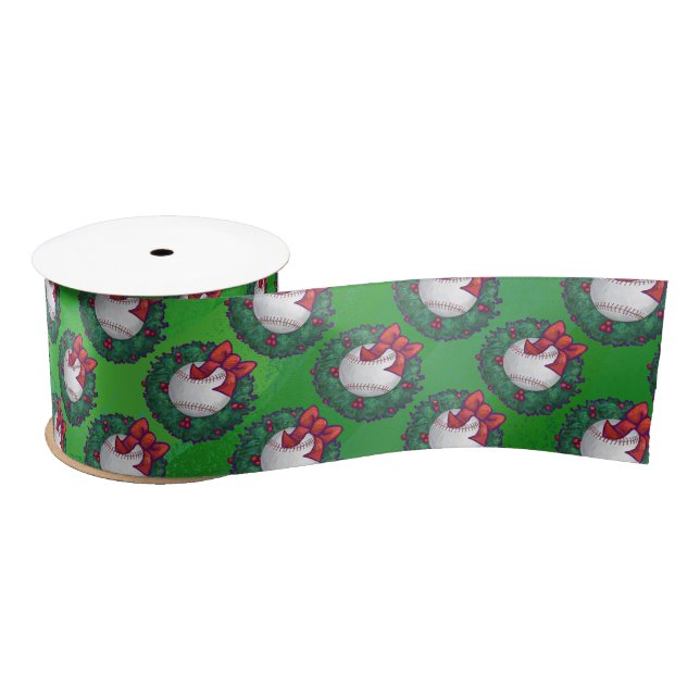 Baseball in Christmas Wreath Pattern Satin Ribbon (Spool)