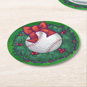 Baseball in Christmas Wreath Round Paper Coaster