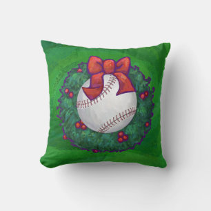 Baseball in Christmas Wreath Throw Pillow
