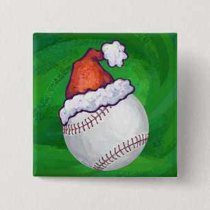 Baseball in Santa Hat on Green 2 Inch Square Button