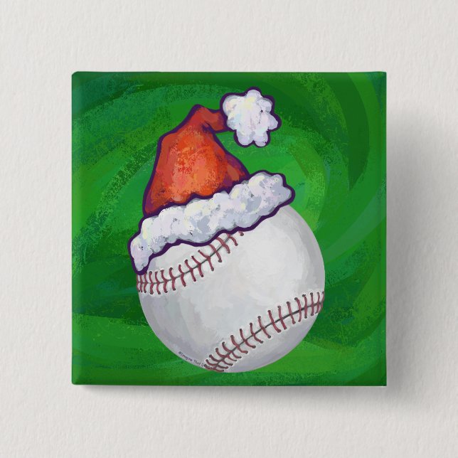 Baseball in Santa Hat on Green 2 Inch Square Button (Front)