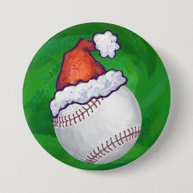 Baseball in Santa Hat on Green 3 Inch Round Button (Front)