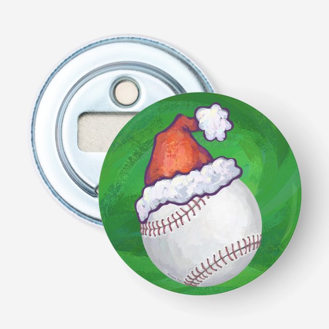 Baseball in Santa Hat on Green Bottle Opener (Front)