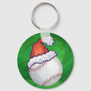 Baseball in Santa Hat on Green Keychain