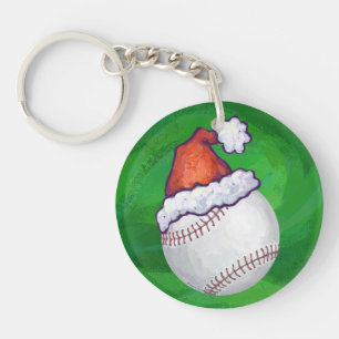 Baseball in Santa Hat on Green Keychain
