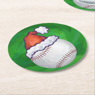Baseball in Santa Hat on Green Round Paper Coaster