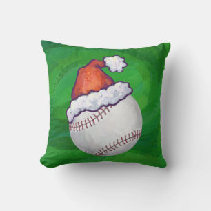 Baseball in Santa Hat on Green Throw Pillow