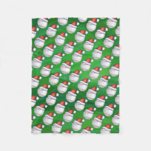 Baseball in Santa Hat Pattern on Green Fleece Blanket