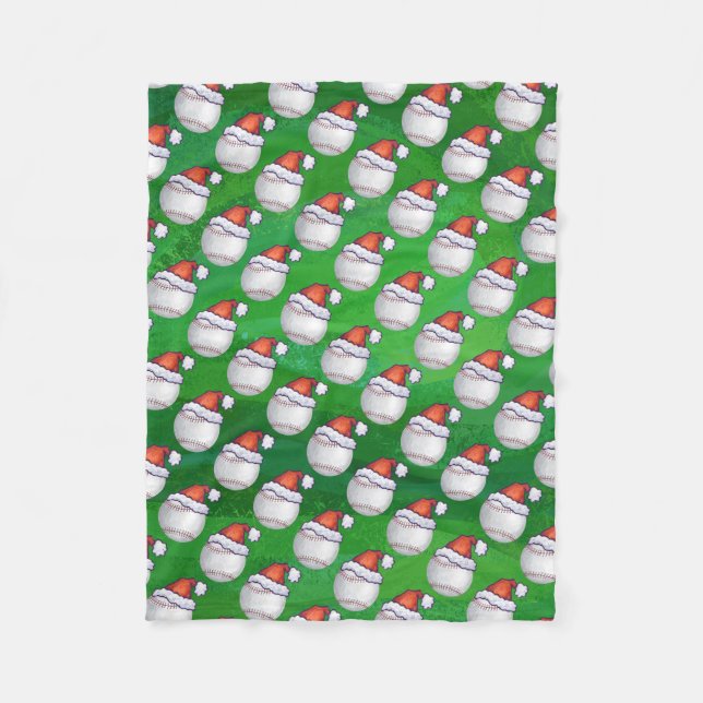Baseball in Santa Hat Pattern on Green Fleece Blanket (Front)
