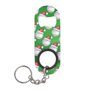 Baseball in Santa Hat Pattern on Green Mini Bottle Opener