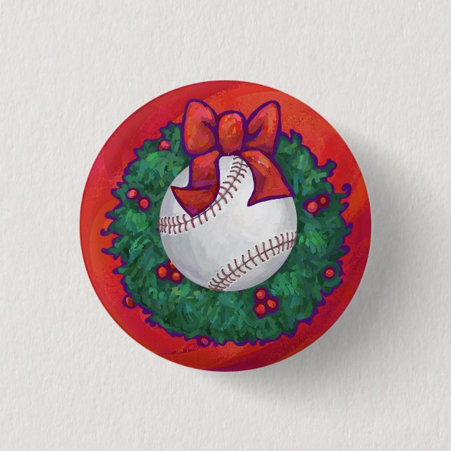 Baseball in Wreath on Red 1 Inch Round Button (Front)