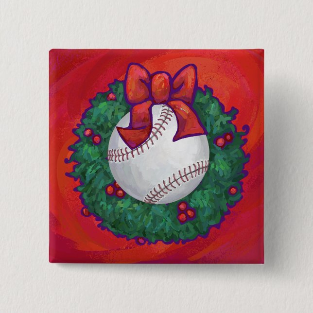 Baseball in Wreath on Red 2 Inch Square Button (Front)