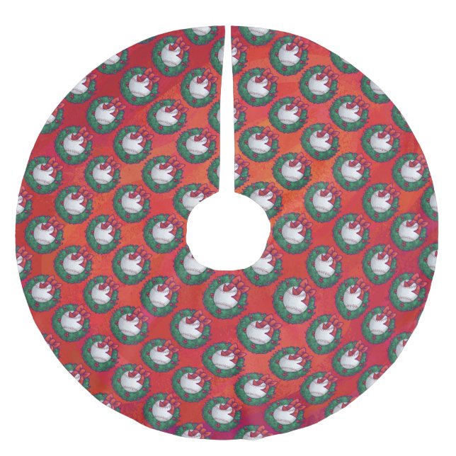Baseball in Wreath on Red Brushed Polyester Tree Skirt (Front)