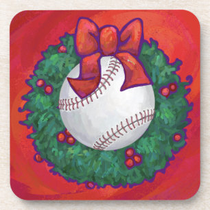 Baseball in Wreath on Red Coaster