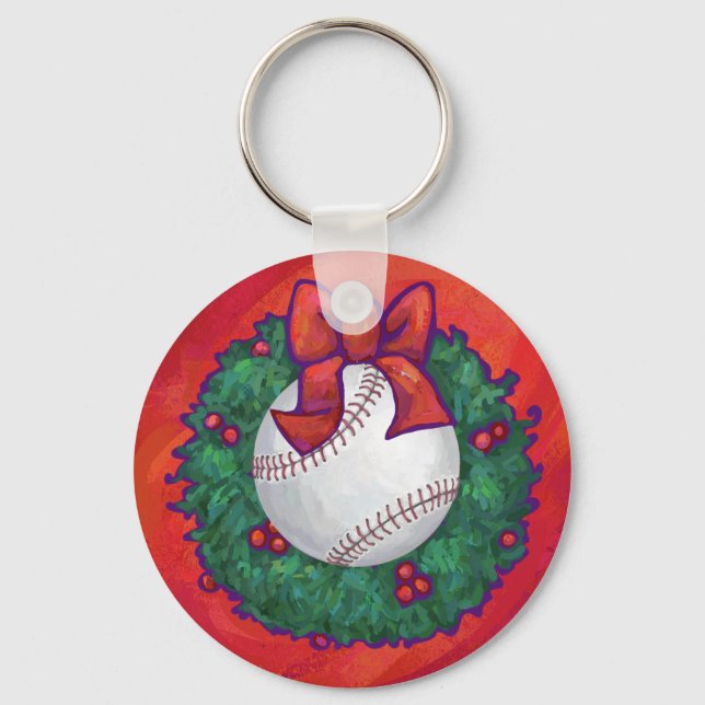 Baseball in Wreath on Red Keychain (Front)