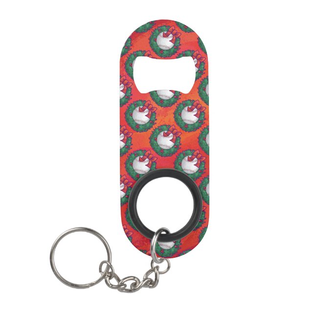 Baseball in Wreath on Red Mini Bottle Opener (Front)