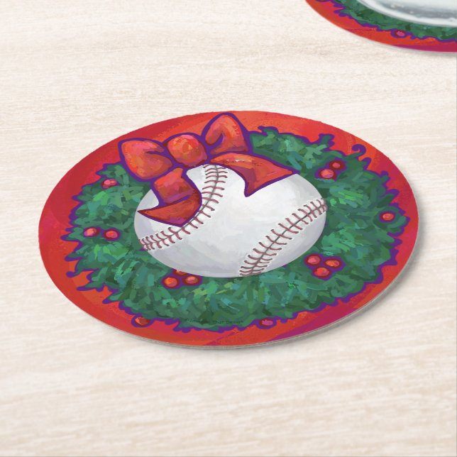 Baseball in Wreath on Red Round Paper Coaster (Angled)