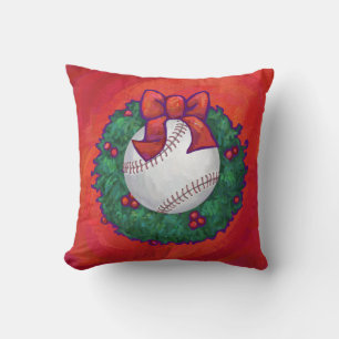 Baseball in Wreath on Red Throw Pillow