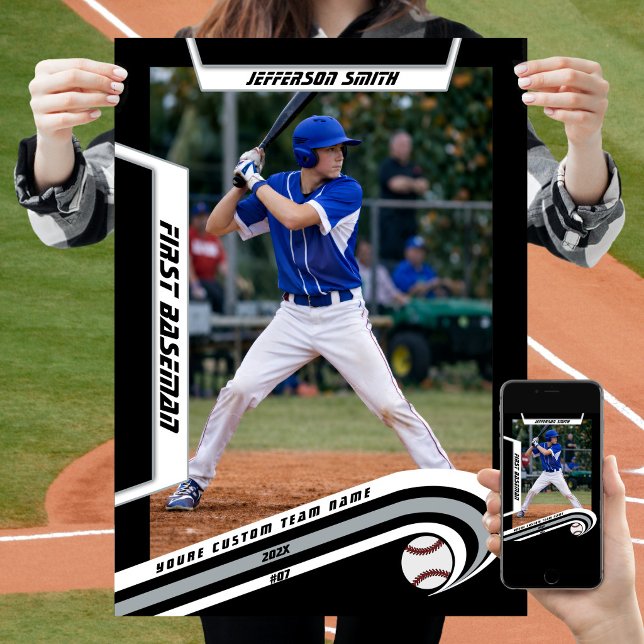 Baseball Keepsakes in Lively Silver Black Custom  Poster (Baseball Player Poster in Black and Silver with Custom Team Name and dynamic White Elements)