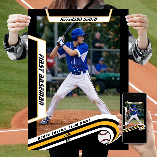 Baseball Keepsakes in Lively Yellow Black Custom  Poster (Baseball Player Poster in Black and Yellow with Custom Team Name and dynamic White Elements)