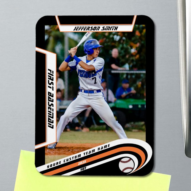 Baseball Keepsakes Lively Orange Black Custom Magnet (Baseball Player Magnet in Black with Custom Team Name and White Orange Elements)