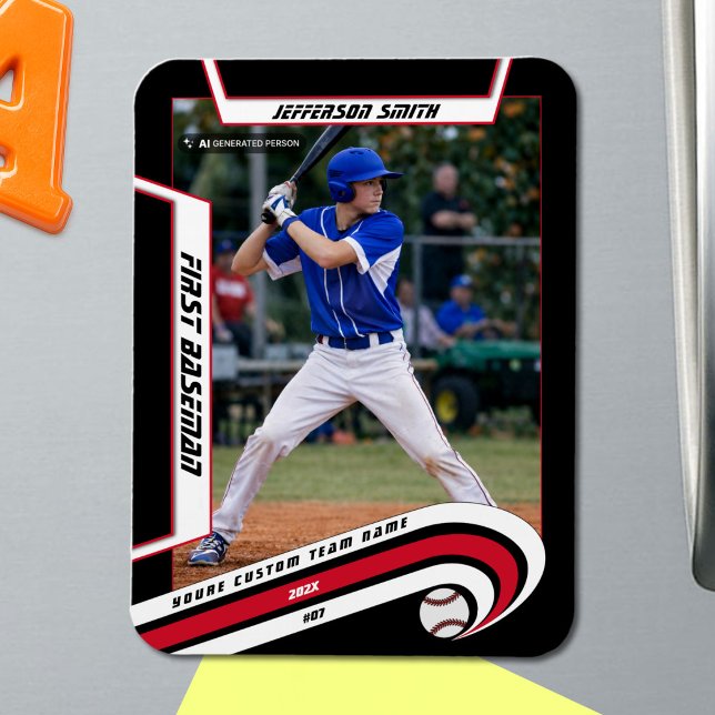 Baseball Keepsakes Lively Red Black Custom Magnet (Baseball Player Magnet in Black with Custom Team Name and White Red Stripes)