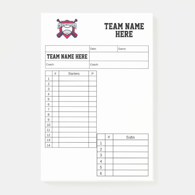 Baseball Lineup Cards Post-it Notes (Front)