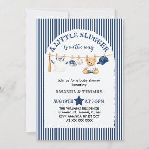 Baseball Little Slugger Bear Boy Baby Shower Invitation
