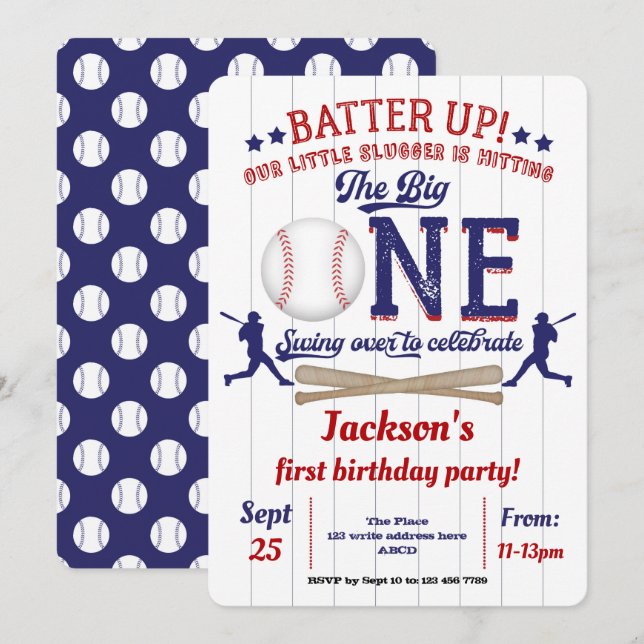 Baseball, Little slugger, First birthday Invitation (Front/Back)