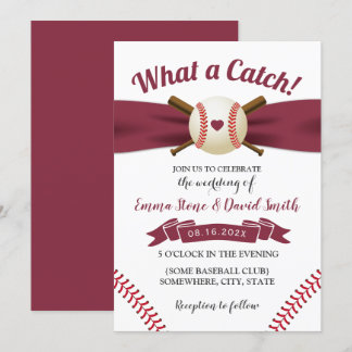 Baseball Love Burgundy Red Ribbon Sports Wedding Invitation