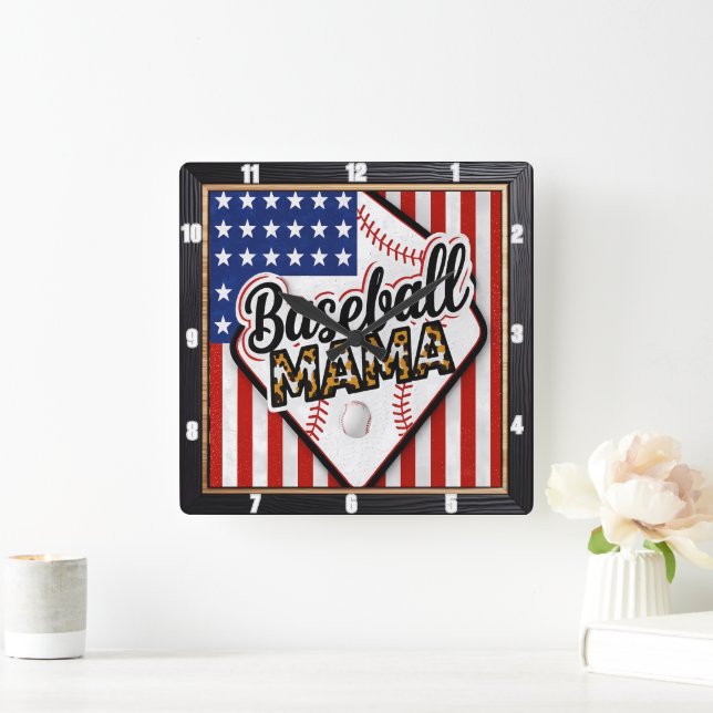 Baseball Mama Leopard Print Sports Square Wall Clock (Home)