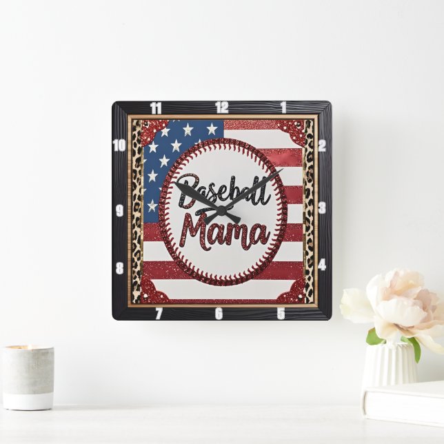 Baseball Mama Patriotic Sports Square Wall Clock (Home)