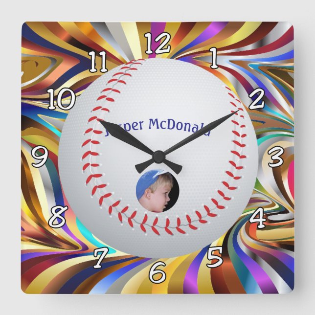 Baseball Many-colour Background Photo Personalize Square Wall Clock (Front)