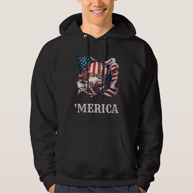 Baseball Merica Patriotic 4th July American Flag Hoodie (Front)