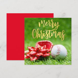 Baseball Merry Christmas with ball on green  Holiday Card