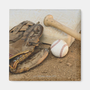 Baseball, Mitt, and Bat on Base Magnet