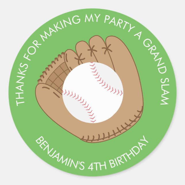 Baseball Mitten and Ball Birthday Classic Round Sticker (Front)