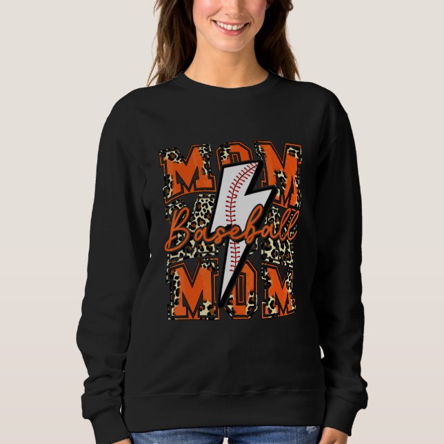 Baseball Mom Baseball Lightning Bolt Leopard Orang Sweatshirt (Front)