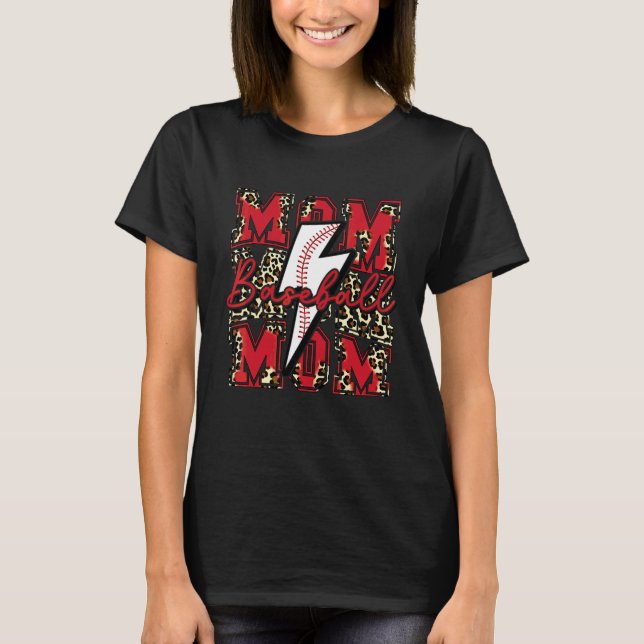 Baseball Mom Baseball Lightning Bolt Leopard Red T-Shirt (Front)