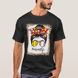 Baseball Mom Life Messy Bun Hair Leopard Bleached T-Shirt